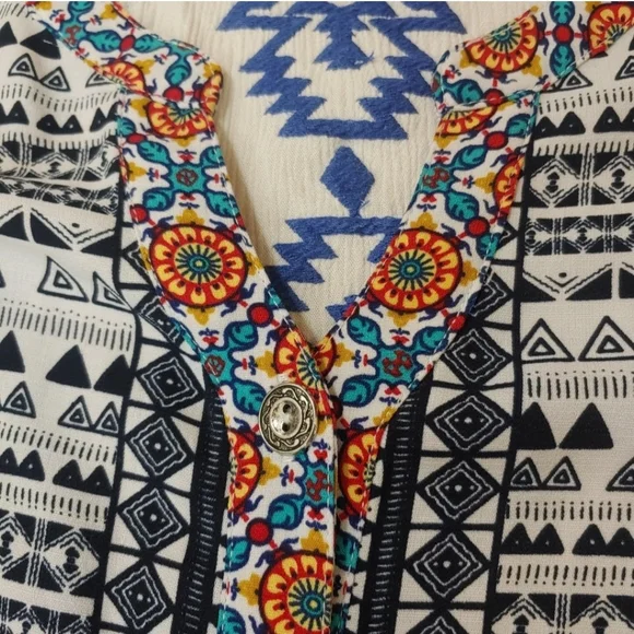 John Mark Boho Tunic Top Large Aztec Gauzy Embroidered Floral Striped Button - Picture 6 of 12